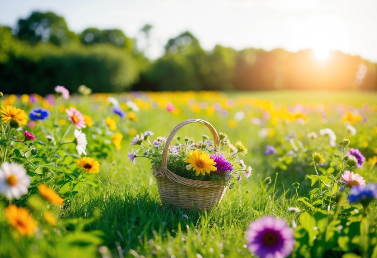 Colorful flowers scattered across a lush green field, with a small basket filled with freshly picked blooms. The sun shines down, casting a warm glow over the serene scene