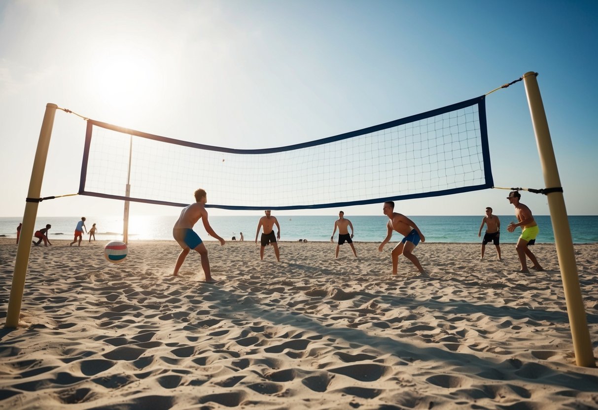 A sandy beach with a net stretched across the sand, surrounded by people playing beach volleyball under the bright sun