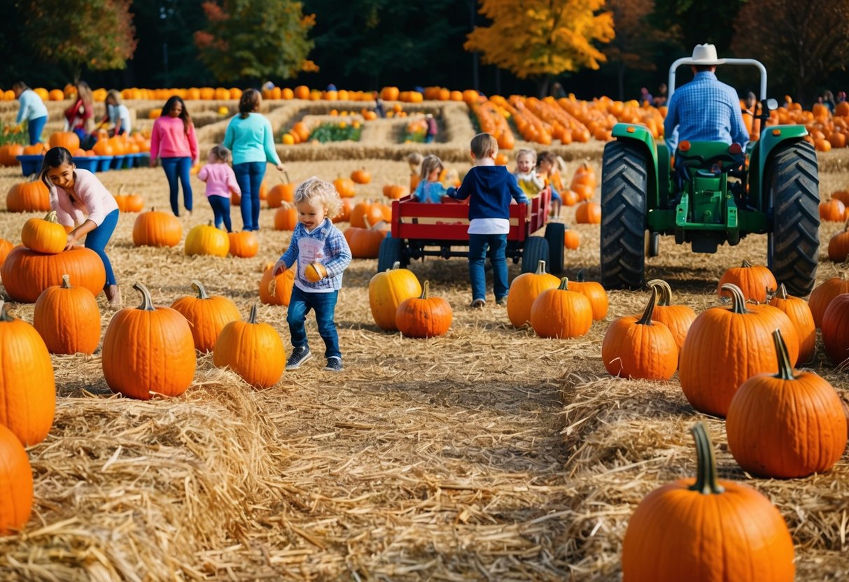 A colorful pumpkin patch with families picking pumpkins, children playing in the hay maze, and a tractor pulling a wagon filled with visitors