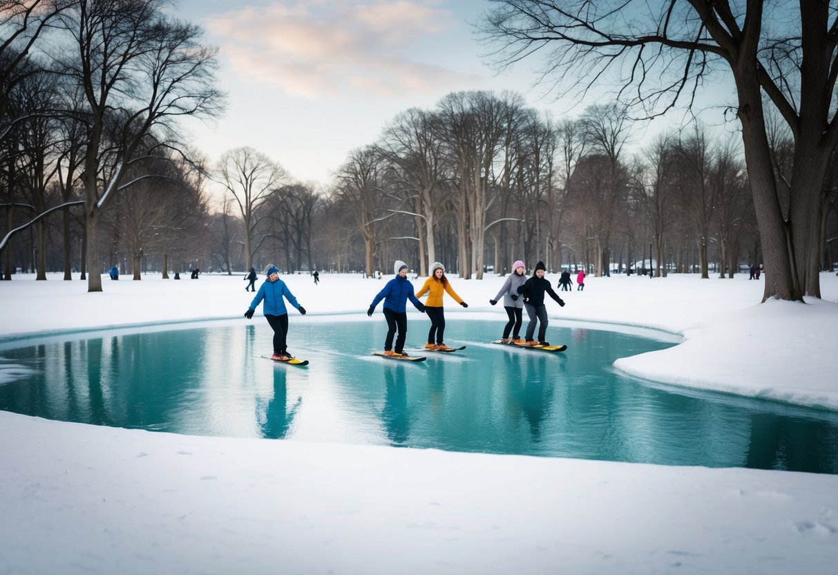 A group of people glide across a frozen pond in a snow-covered park, surrounded by bare trees and a peaceful winter landscape