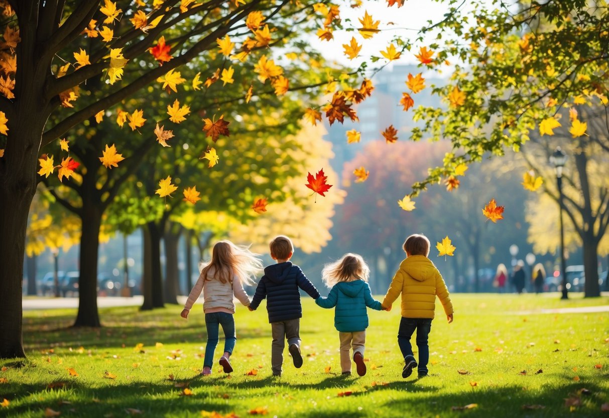 Children playing in a park with colorful leaves falling from trees, a gentle breeze blowing, and the sun casting long shadows on the ground