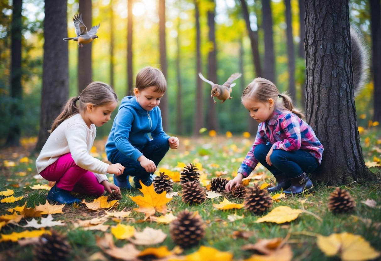 Children searching for seasonal items in a forest: fallen leaves, pinecones, and flowers. A squirrel scampers up a tree, and birds chirp in the background
