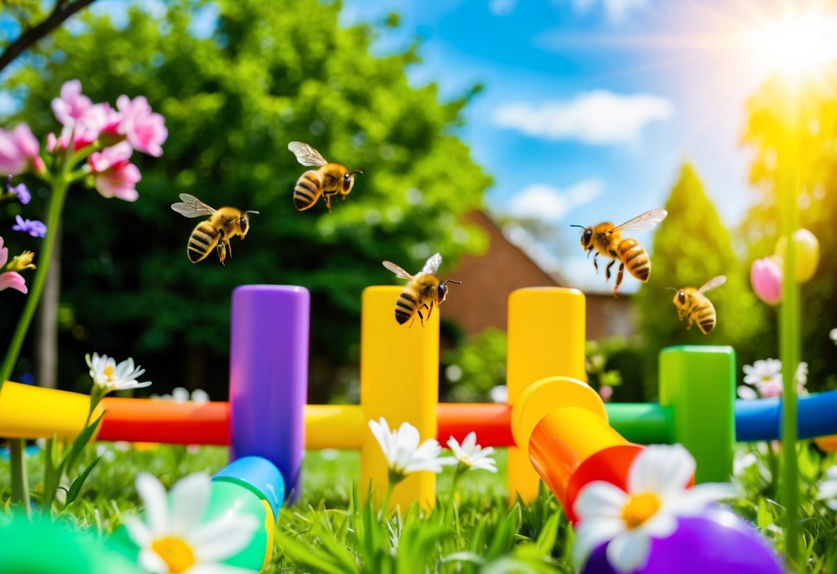A colorful obstacle course set in a lush spring garden, with blooming flowers, buzzing bees, and a bright blue sky overhead