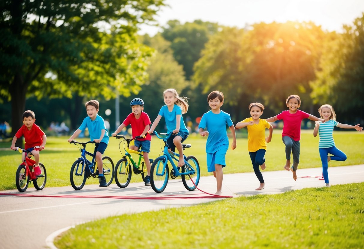 Children playing soccer, riding bikes, swimming, jumping rope, playing tag, and doing yoga in a sunny park