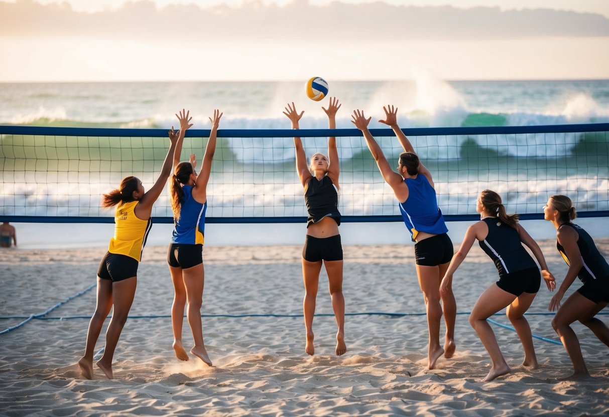 A group of players dive and spike the volleyball on a sandy beach court, with the sun shining and waves crashing in the background