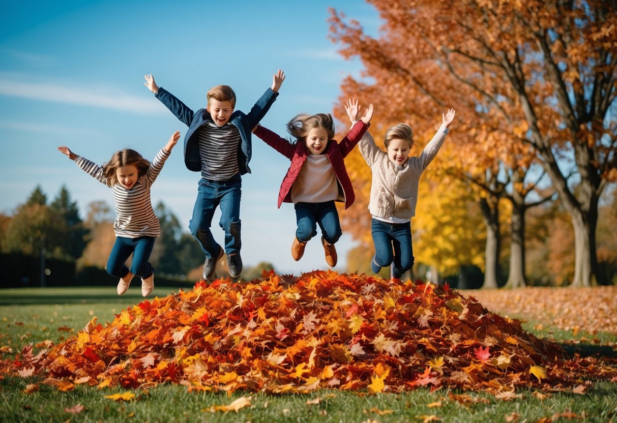 Children leaping into a large pile of colorful autumn leaves, with trees in the background and a clear blue sky above