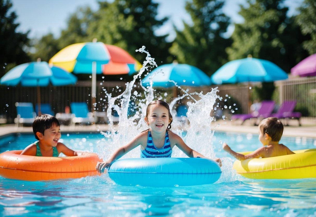 Children splashing and swimming in the community pool, surrounded by colorful floatation devices and bright umbrellas on a sunny day