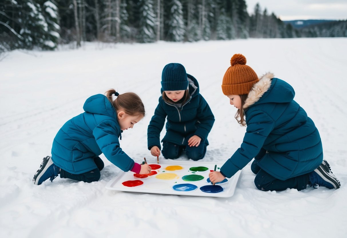 A snow-covered landscape with children painting with watercolors on the white canvas of the ground, incorporating seasonal changes into their active play