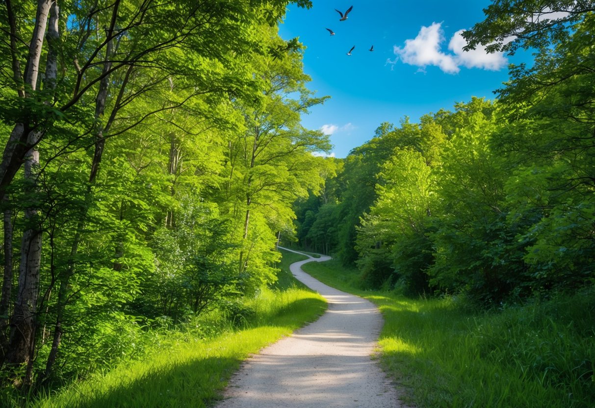 A winding trail through lush green forest, sunlight filtering through the trees, birds chirping, and a clear blue sky overhead