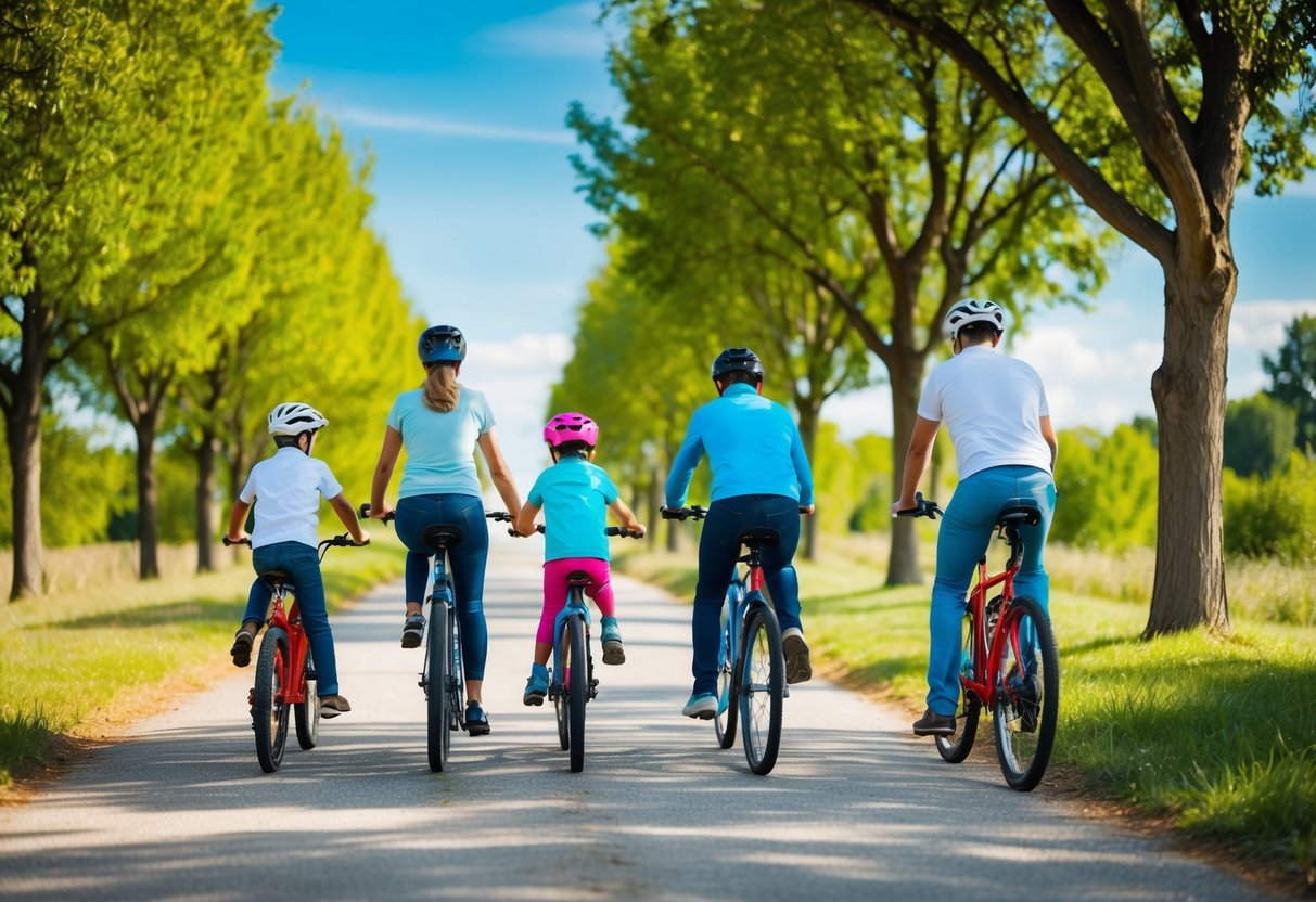 A family of four bikes along a tree-lined path, with the sun shining and a clear blue sky overhead