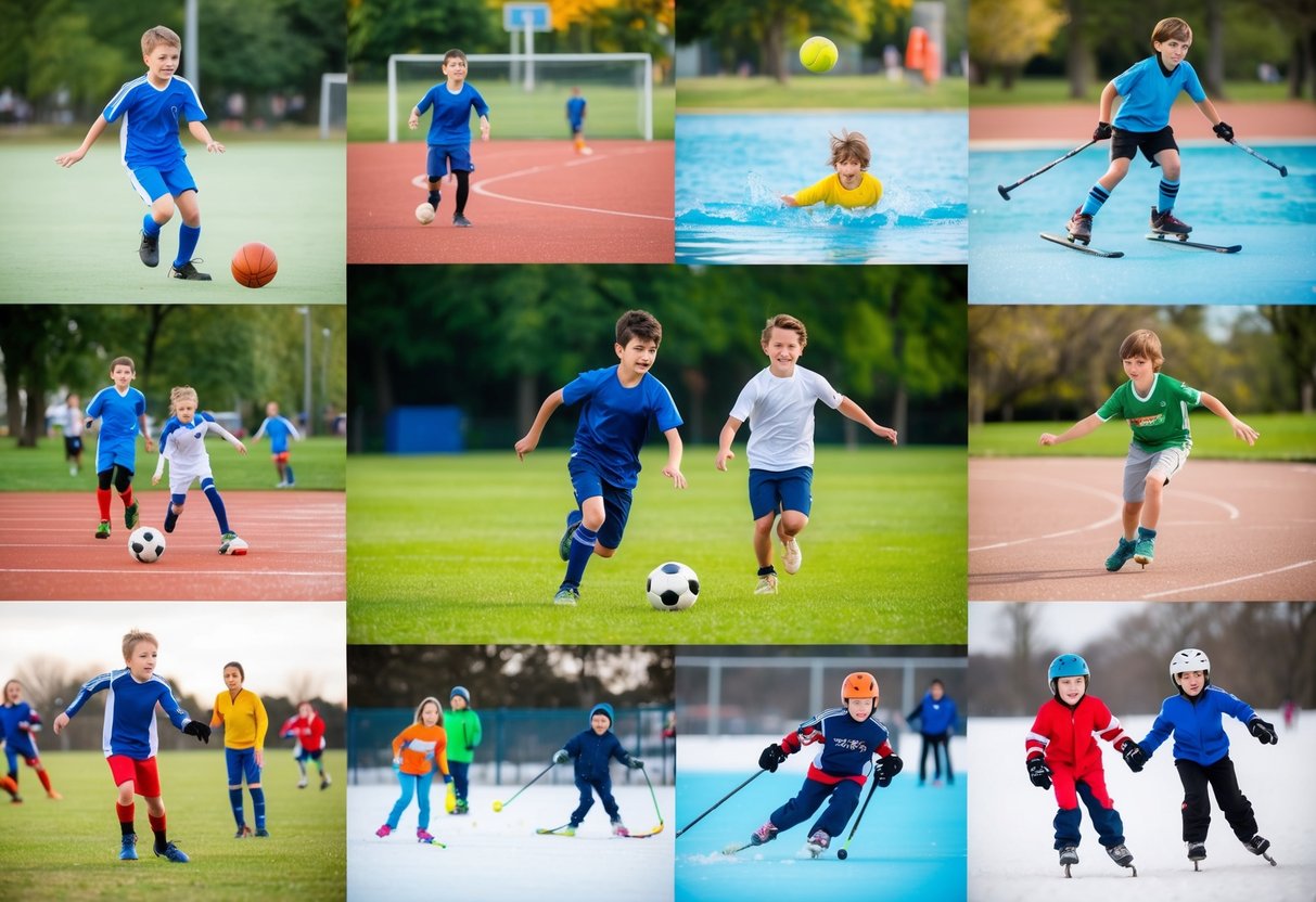 Kids playing various seasonal sports in a park, including soccer, basketball, baseball, swimming, skiing, ice skating, and more