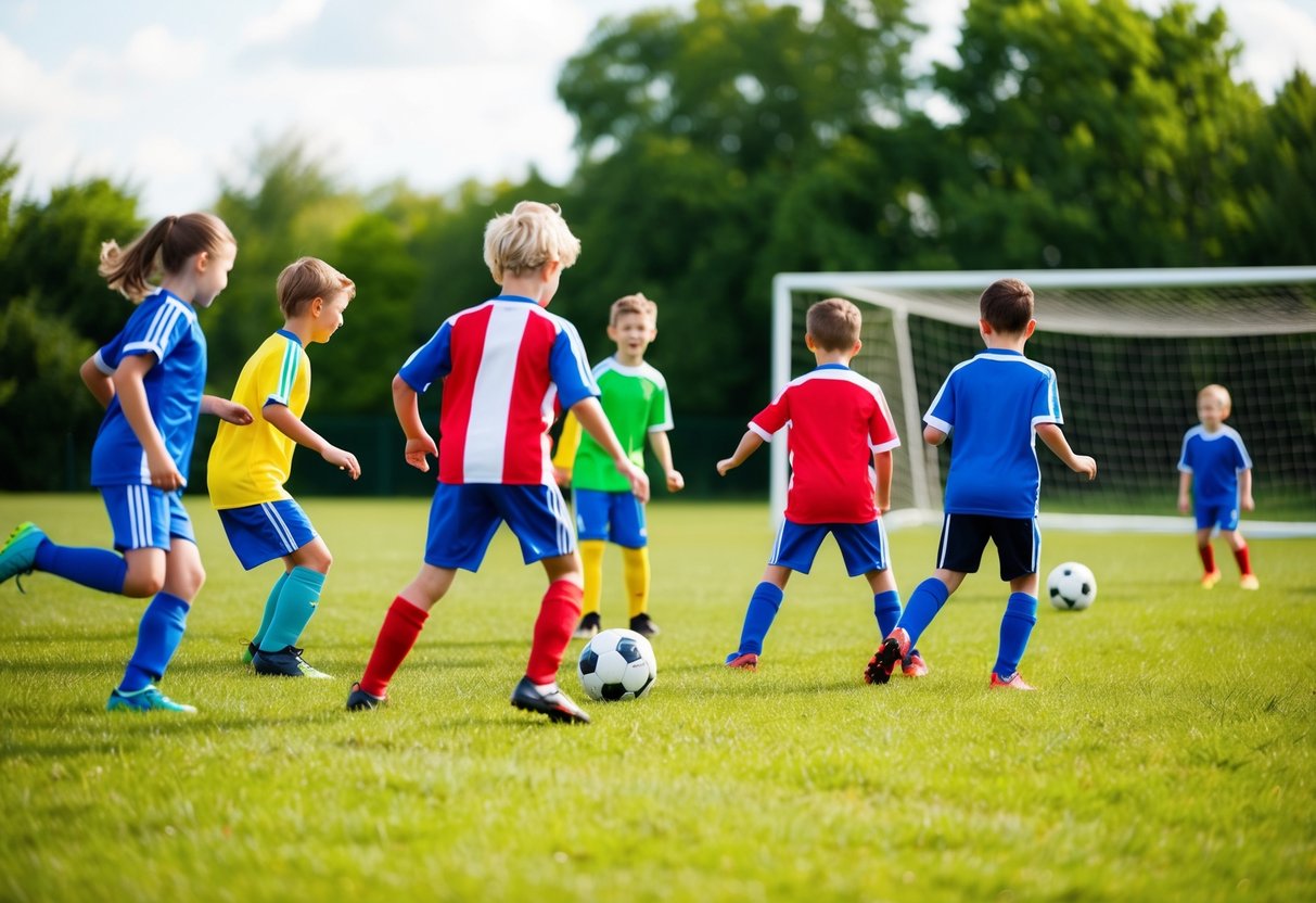 A group of children playing soccer in a grassy field, kicking a ball back and forth, with colorful jerseys and a goal in the background