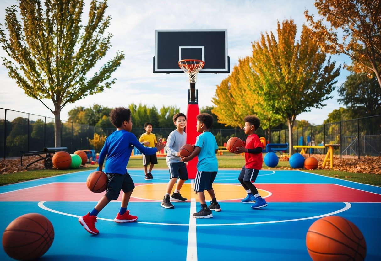 A group of kids playing basketball in a vibrant outdoor court surrounded by trees and other seasonal sports equipment