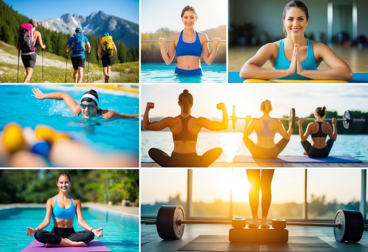 A variety of outdoor and indoor activities, such as hiking, swimming, yoga, and weightlifting, are depicted in a vibrant and dynamic composition