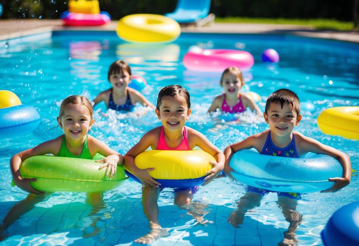 A group of kids swimming in a bright, outdoor pool, surrounded by colorful floats and toys. The sun is shining, and the water sparkles with movement