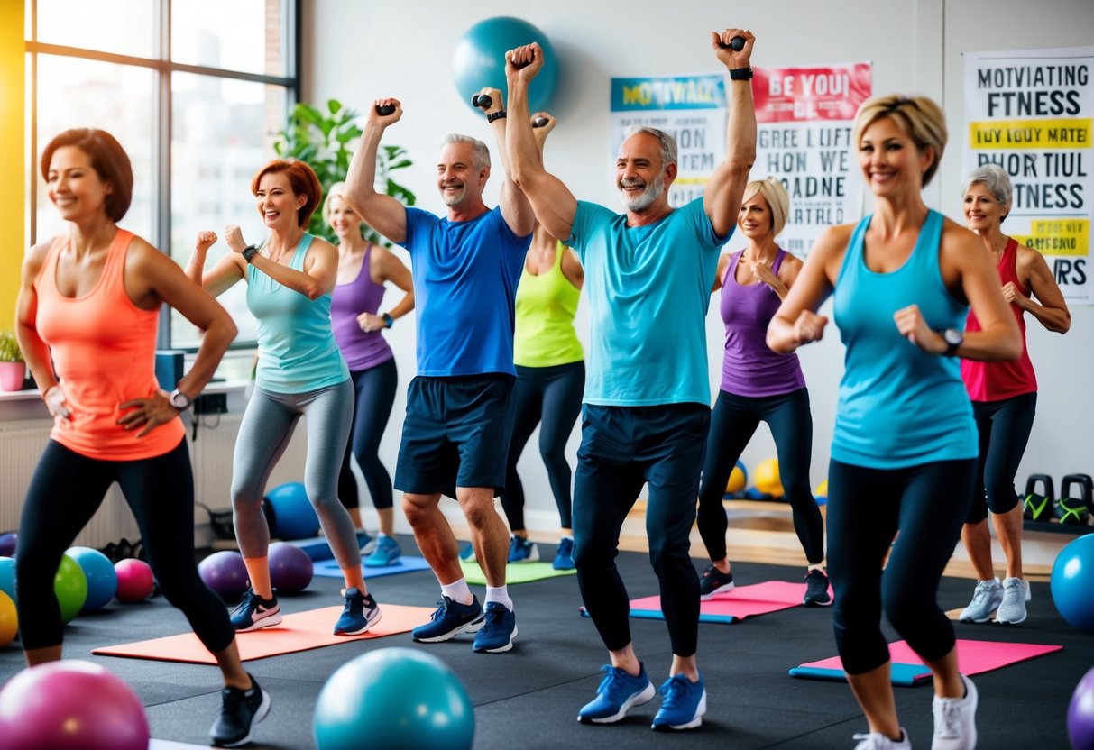 A group of people of various ages and fitness levels participate in a local fitness class, surrounded by colorful exercise equipment and motivational posters