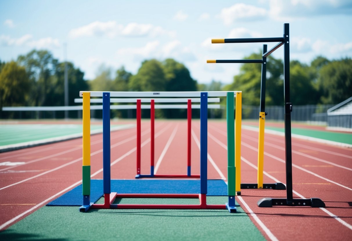 A sunny track with colorful hurdles, a long jump pit, and a high jump bar set up for practice