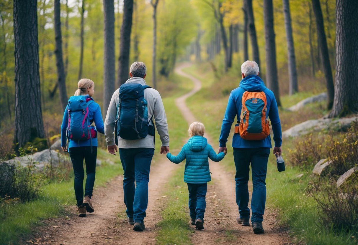 A family of four hikes through a colorful forest, surrounded by trees and wildlife, with a winding trail leading into the distance