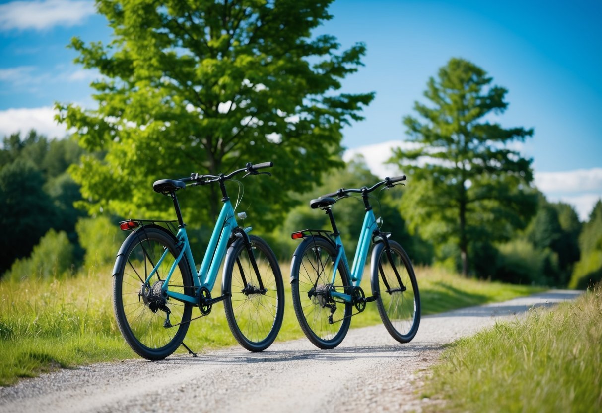 Two bicycles parked on a scenic trail, surrounded by lush green trees and a clear blue sky