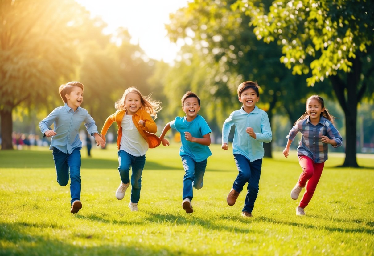 Children chase each other in a grassy park, laughing and playing tag in the warm sunshine