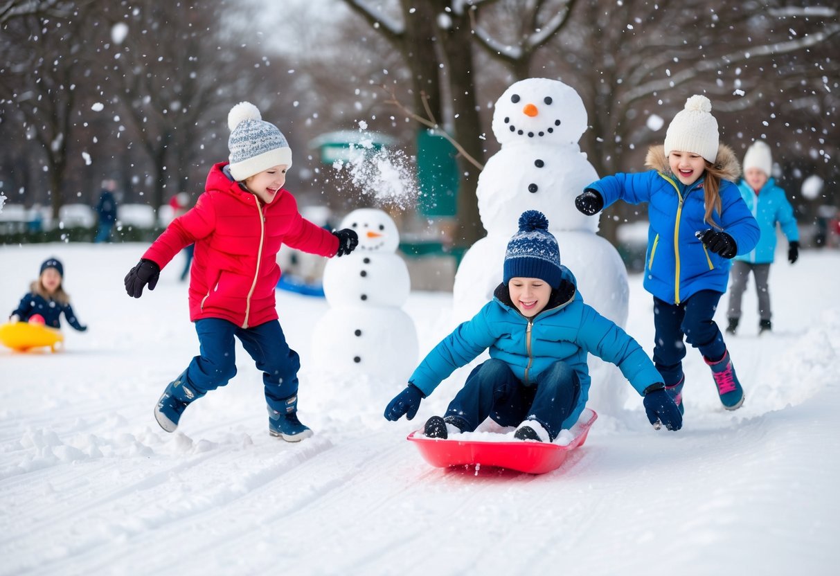 Children playing in a snow-covered park, building snowmen, having a snowball fight, and sledding down a hill. Snowflakes falling from the sky as they run and laugh