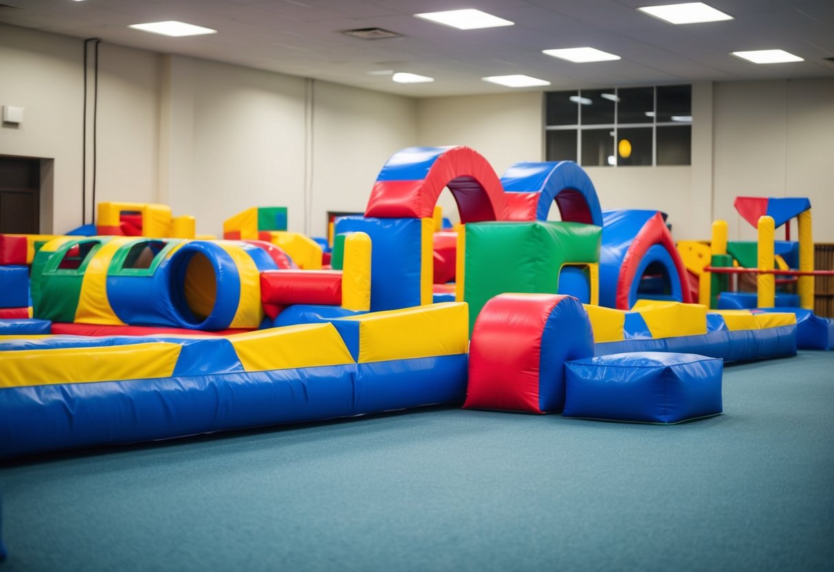 A colorful and elaborate indoor obstacle course, with tunnels, balance beams, and climbing structures, set up in a spacious and well-lit room