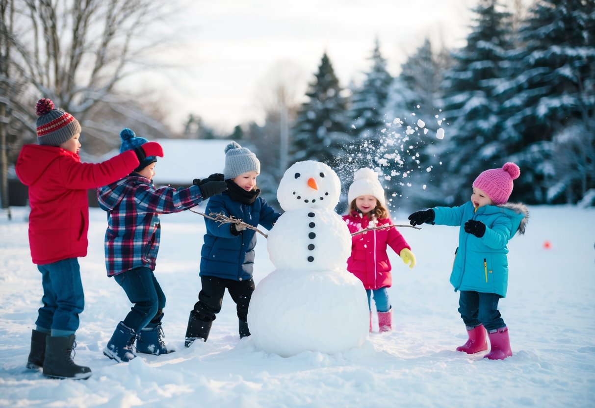 A group of children playing in the snow, building snowmen, having a snowball fight, and creating snow angels