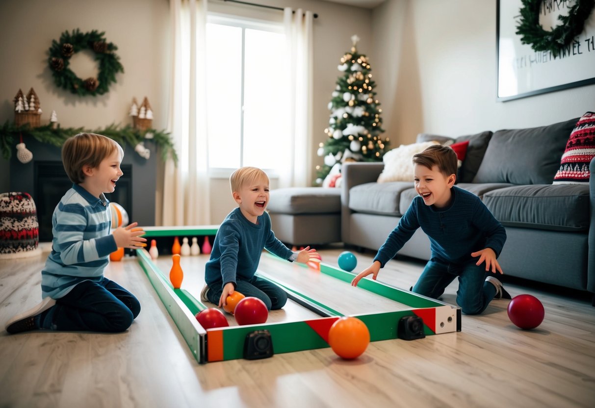 A family room with a makeshift bowling alley made from recycled materials, kids playing and laughing, surrounded by winter-themed decorations