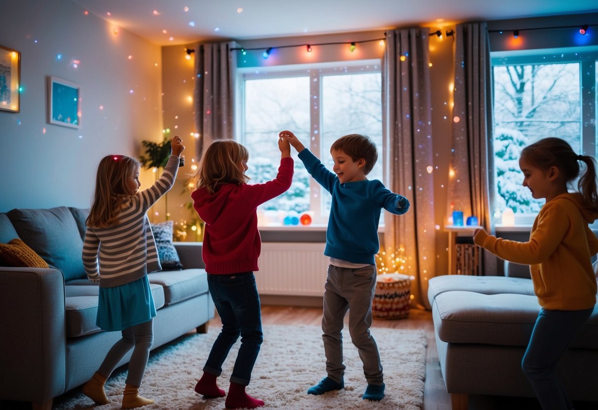 Children dancing in a cozy living room with colorful lights and music playing. Snow falling outside the window