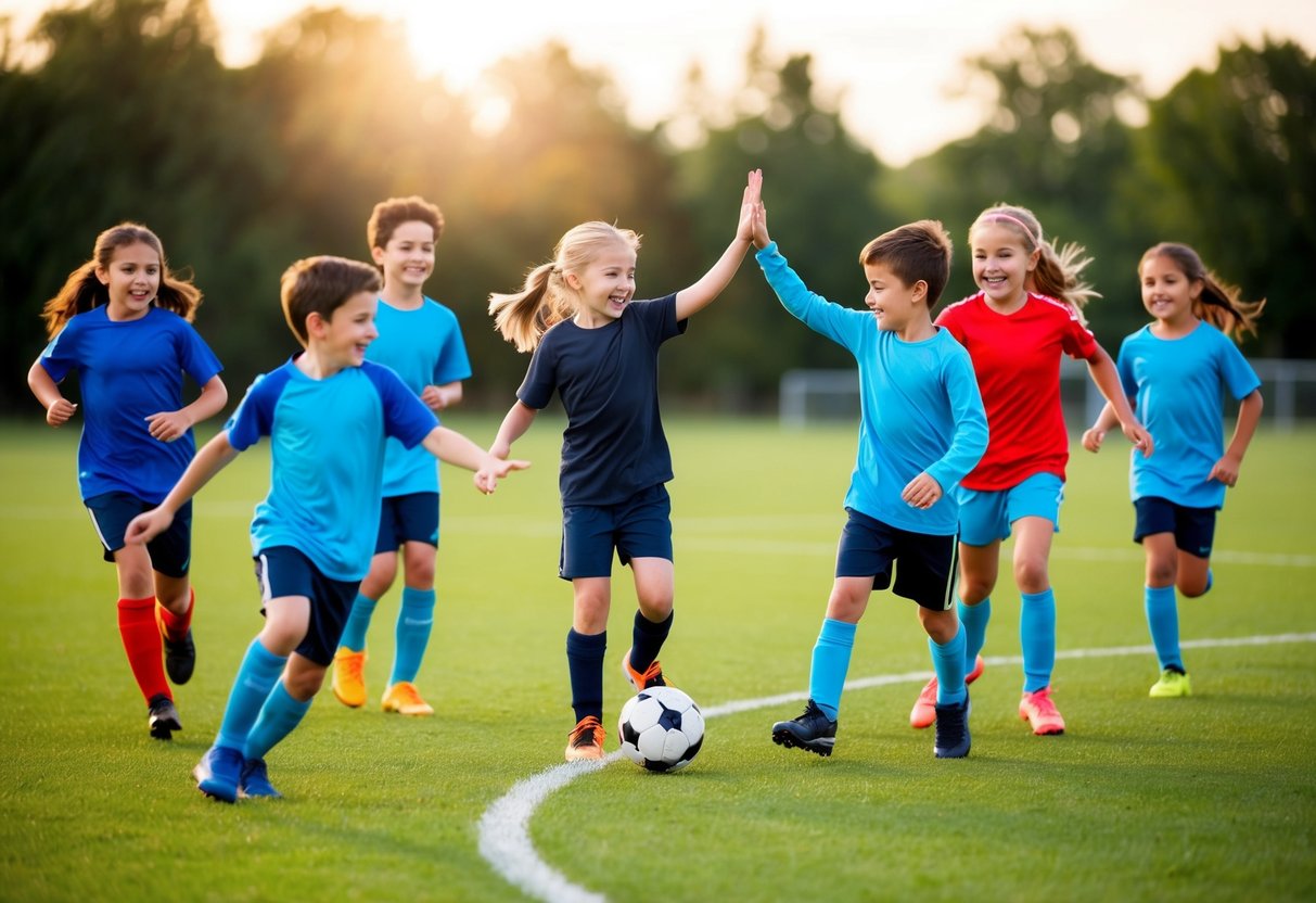 A group of children engaged in a friendly game of soccer, cheering and high-fiving each other as they compete in a fun and healthy manner