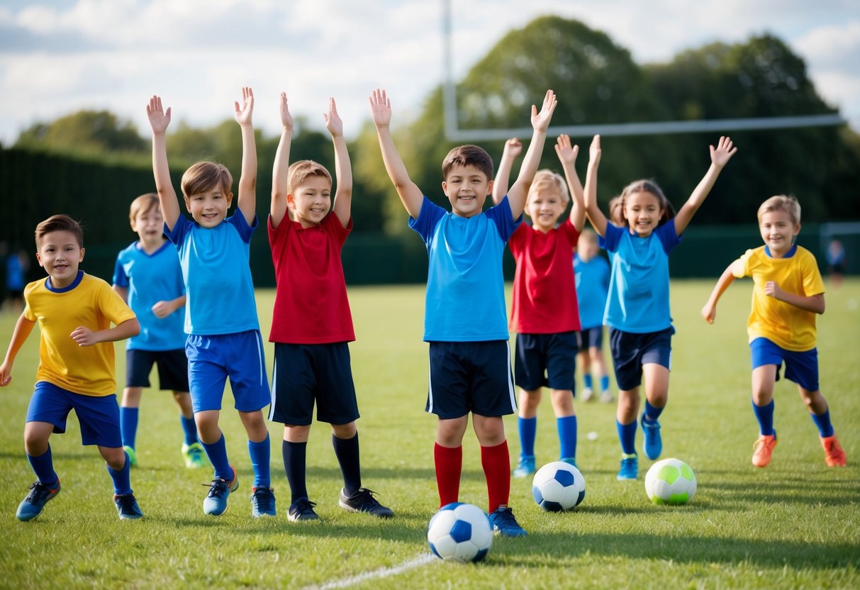 A group of children are playing in a field, divided into teams for a friendly sports tournament. They are cheering each other on and displaying good sportsmanship