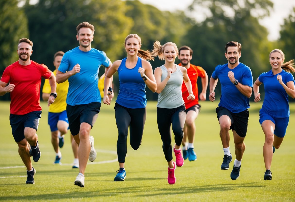 A group of people engaged in various physical activities like running, jumping, and playing sports in a lively and competitive atmosphere