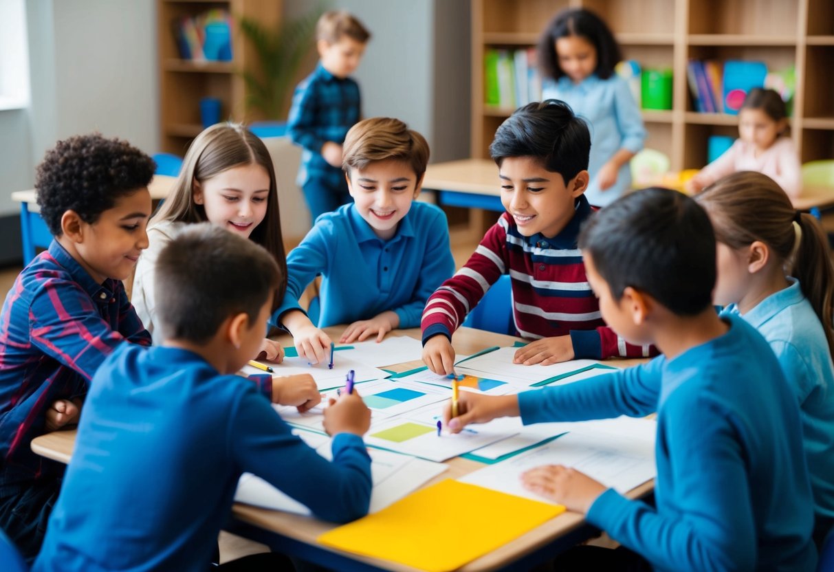 A group of children working together on a collaborative project, each contributing their unique ideas and skills while also engaging in friendly competition to motivate and challenge one another