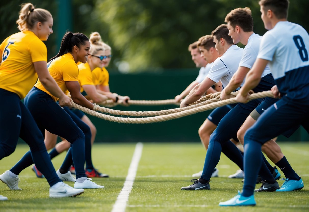 A group of two teams engaged in a lively tug-of-war competition, with each side pulling on opposite ends of a taut rope