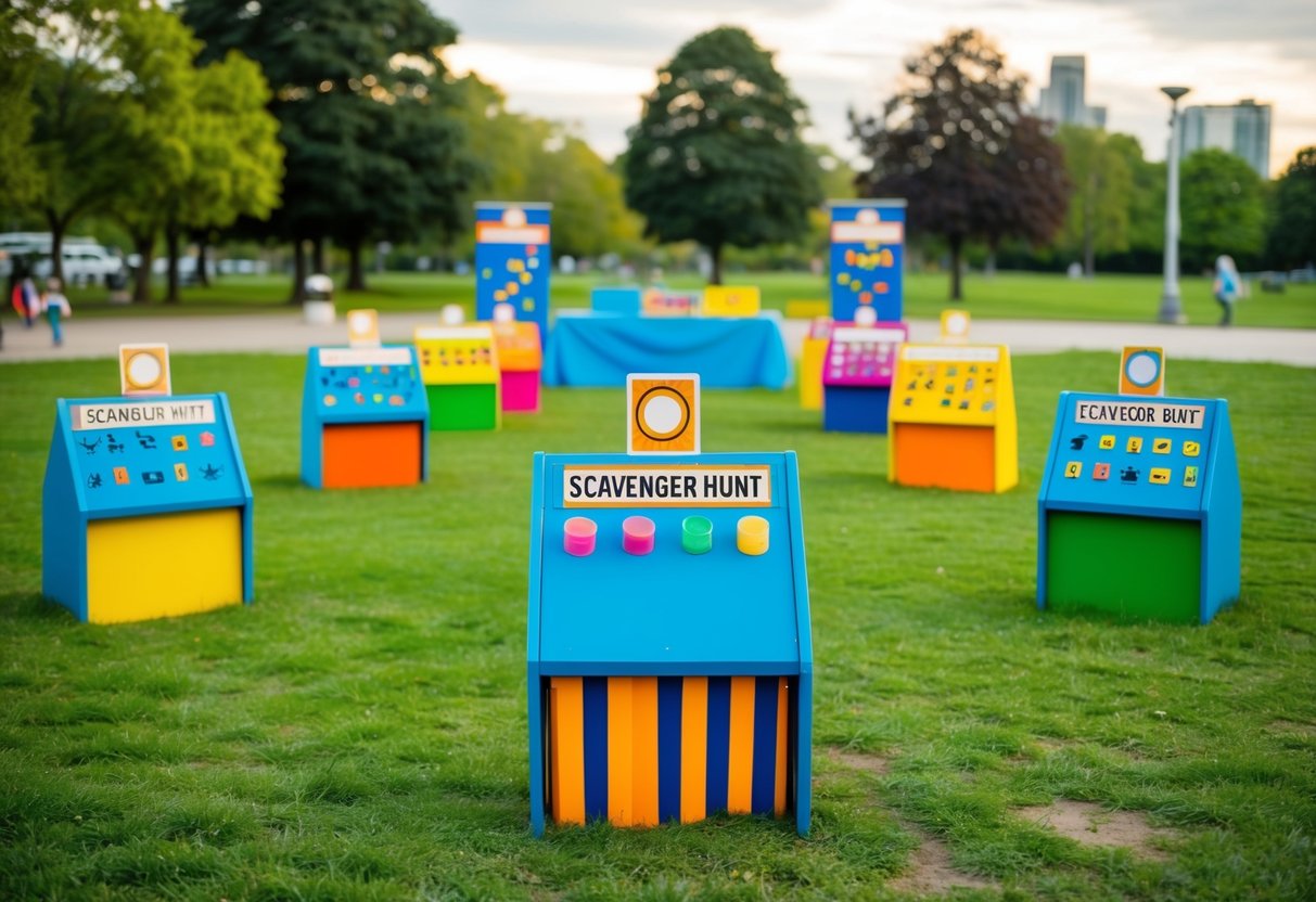 A group of colorful and engaging scavenger hunt stations set up in a park, with various challenges and clues scattered throughout the area