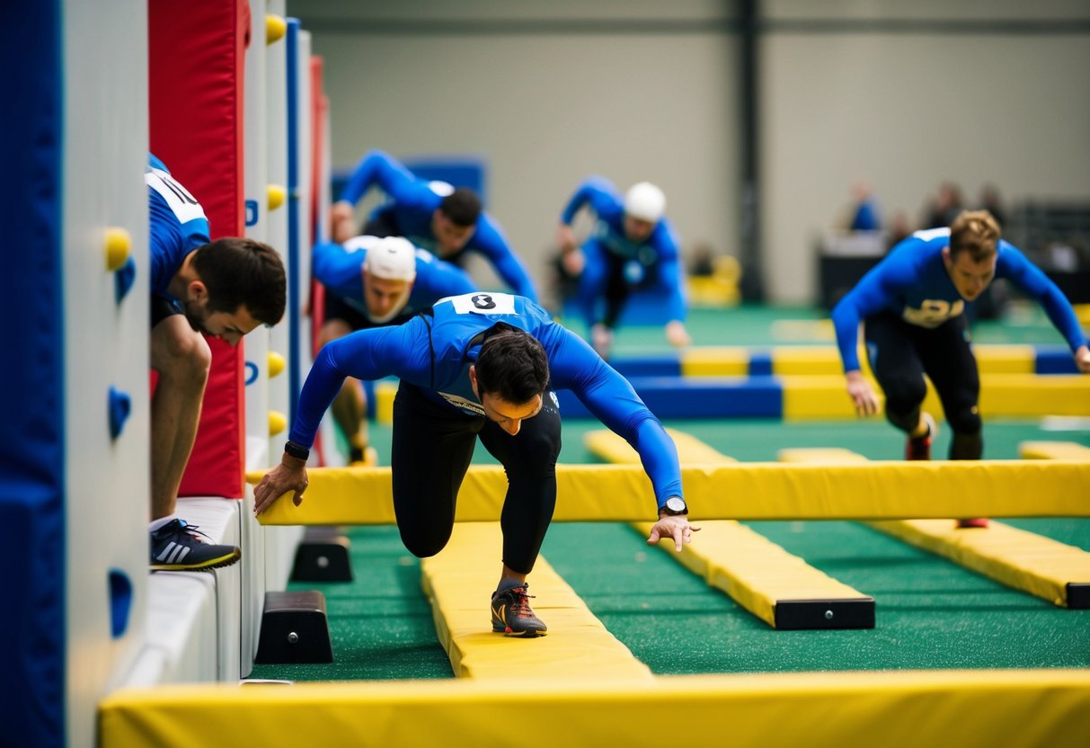 A group of competitors navigate through a series of challenging obstacles, including climbing walls, crawling under barriers, and balancing on beams