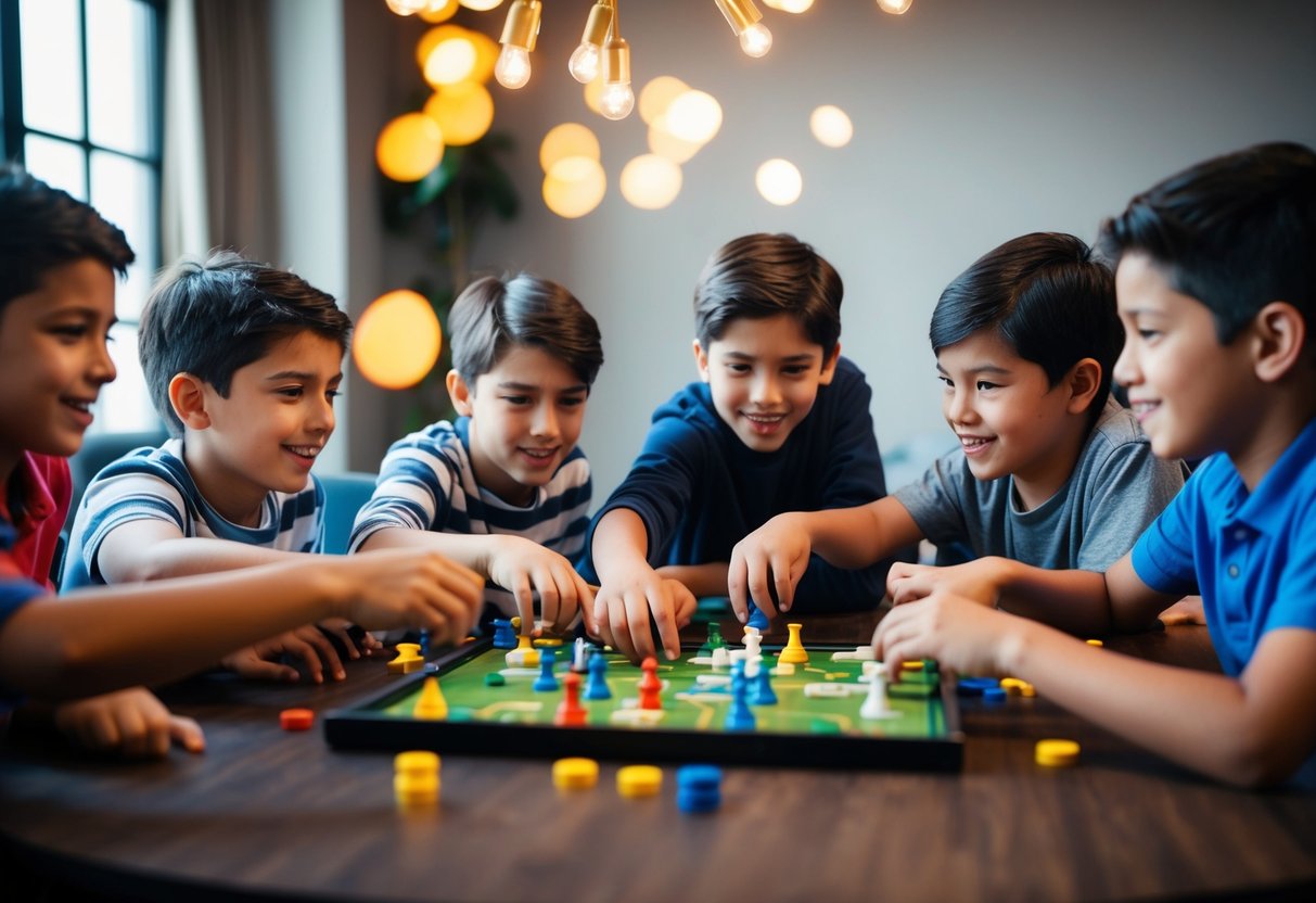 A group of kids gather around a table, eagerly reaching for game pieces. Competitive spirit fills the air as they strategize and engage in friendly rivalry during a board game night