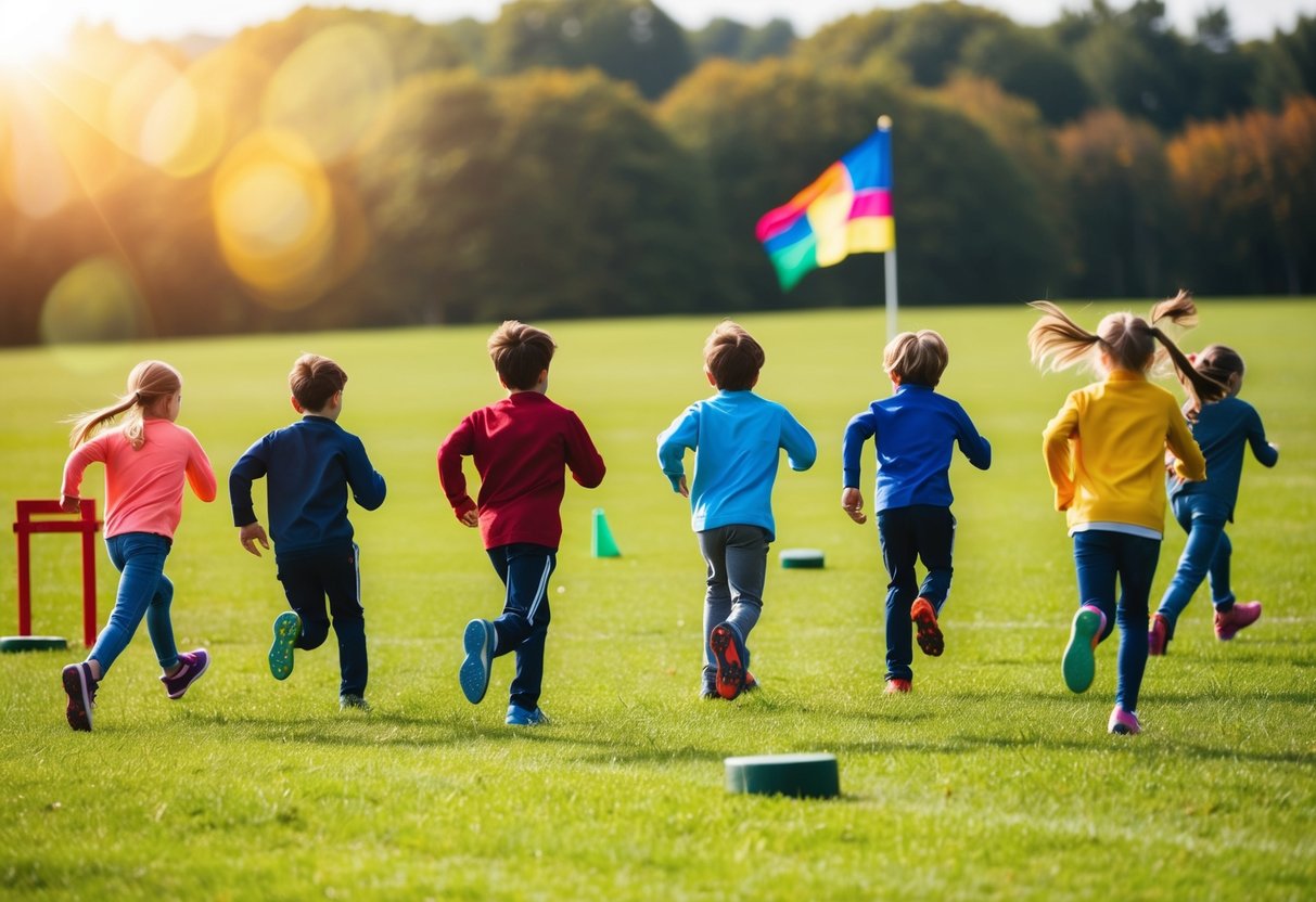 A group of children sprint across a grassy field, dodging obstacles and racing toward a colorful flag fluttering in the distance