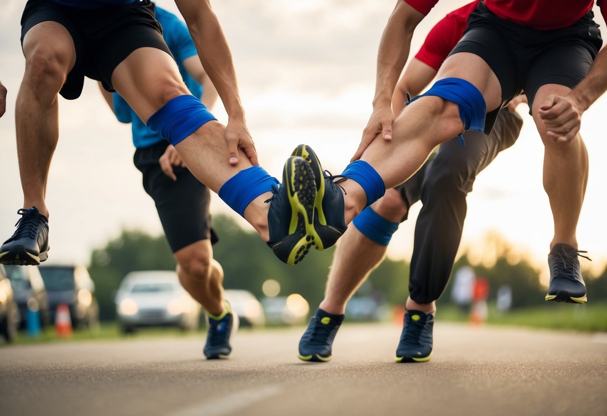 Two people tied together at the ankle, racing in a three-legged race