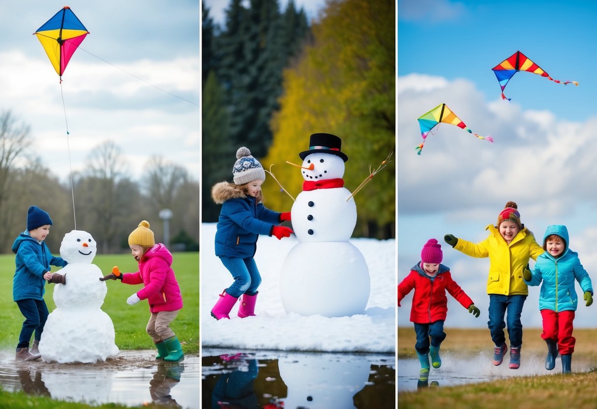 Children playing in a variety of outdoor activities, such as building a snowman, jumping in puddles, and flying kites in different weather conditions