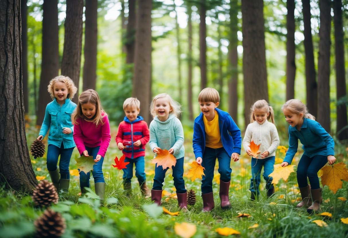 A group of children explore a lush forest, searching for hidden treasures. They excitedly collect colorful leaves, pinecones, and wildflowers, their laughter echoing through the trees