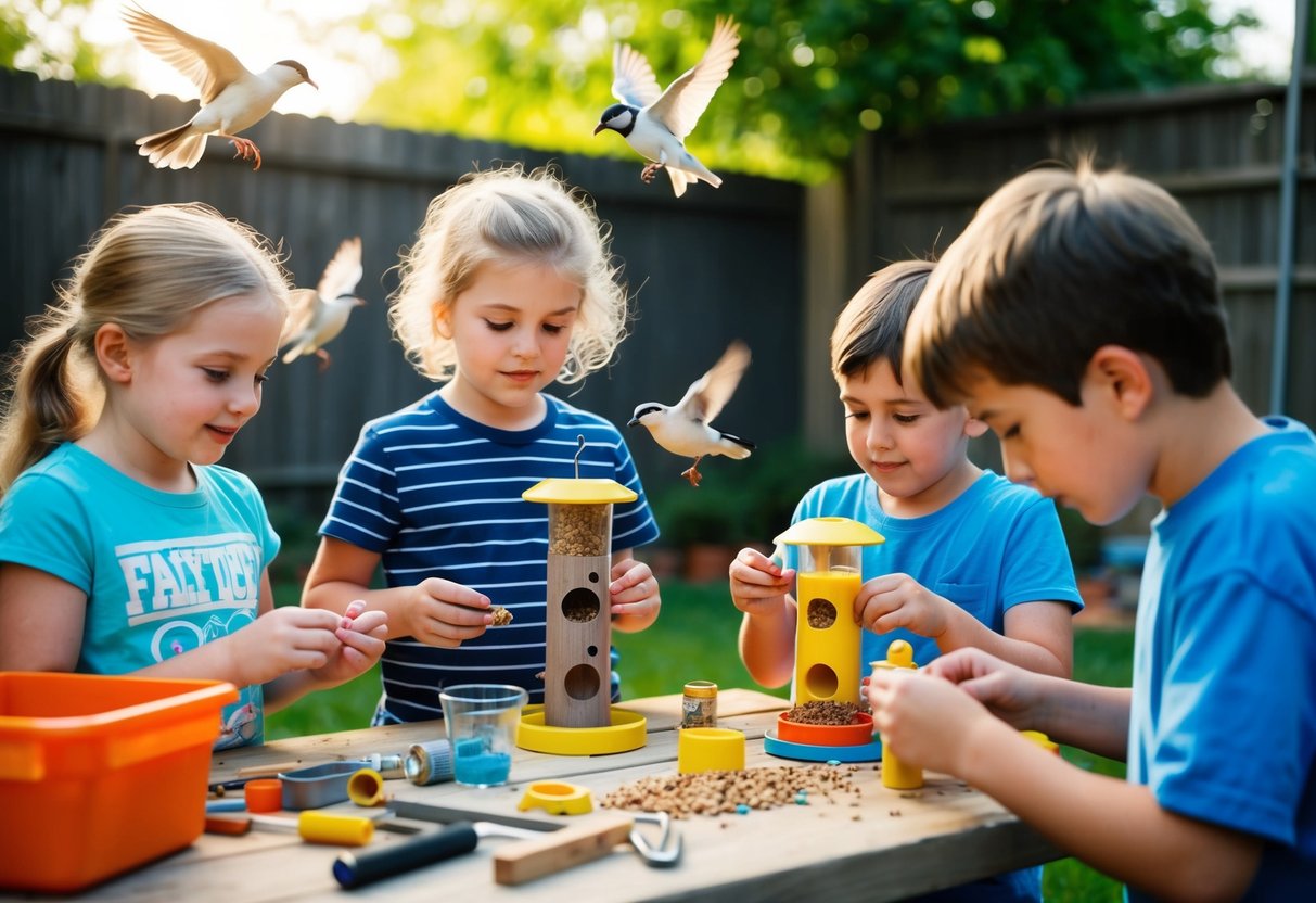 A group of children are crafting bird feeders in a backyard. They are surrounded by various materials and tools, with birds flying around them