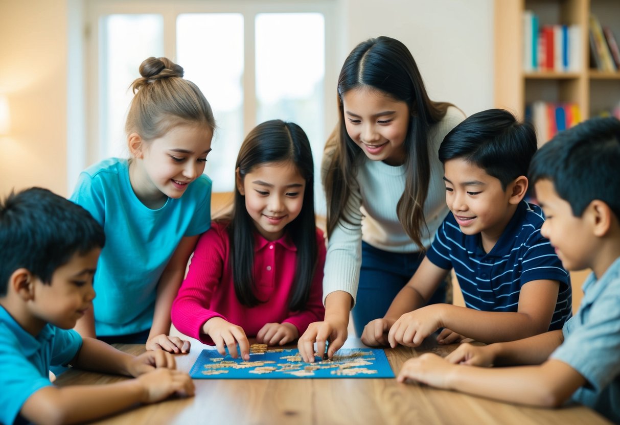 A group of children collaborating to solve a puzzle or complete a task together, each contributing their unique skills and ideas