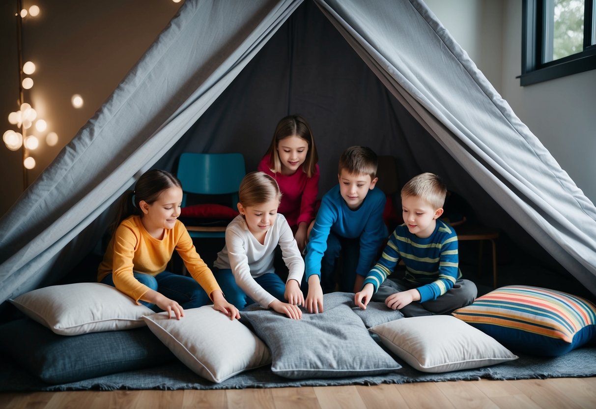 A group of kids work together to build a fort using blankets, chairs, and pillows, strategizing and problem-solving as they construct their imaginative hideaway