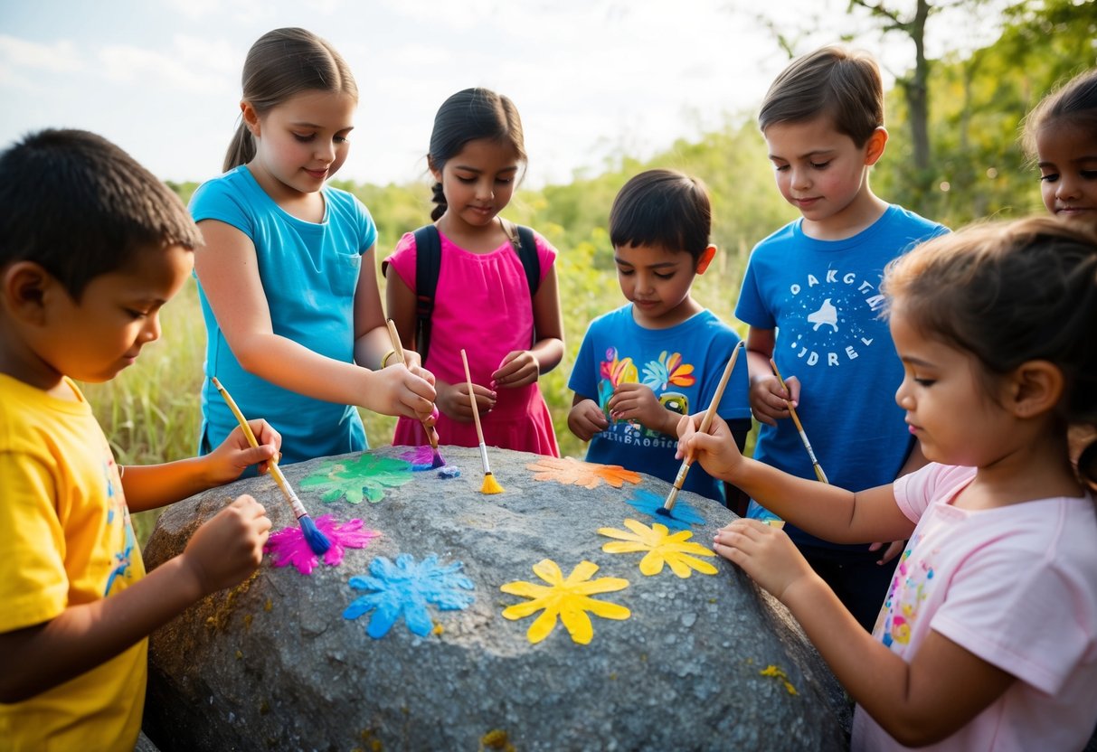 A group of children are gathered around a large rock, each with a paintbrush in hand, creating colorful designs on the surface. The sun is shining, and the surrounding nature provides a peaceful backdrop for their artistic activity