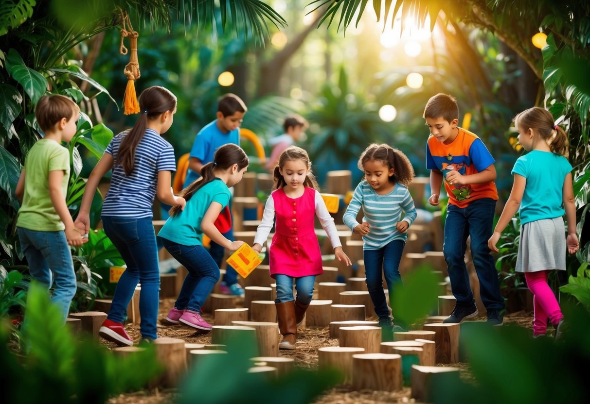 A group of children navigate through a jungle maze, passing obstacles and solving puzzles together to uncover hidden treasures