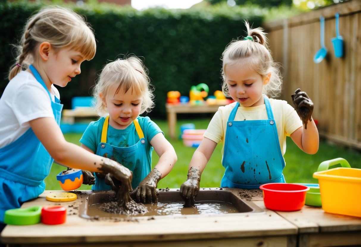 Children mixing mud and water in a backyard kitchen, surrounded by outdoor toys and natural elements