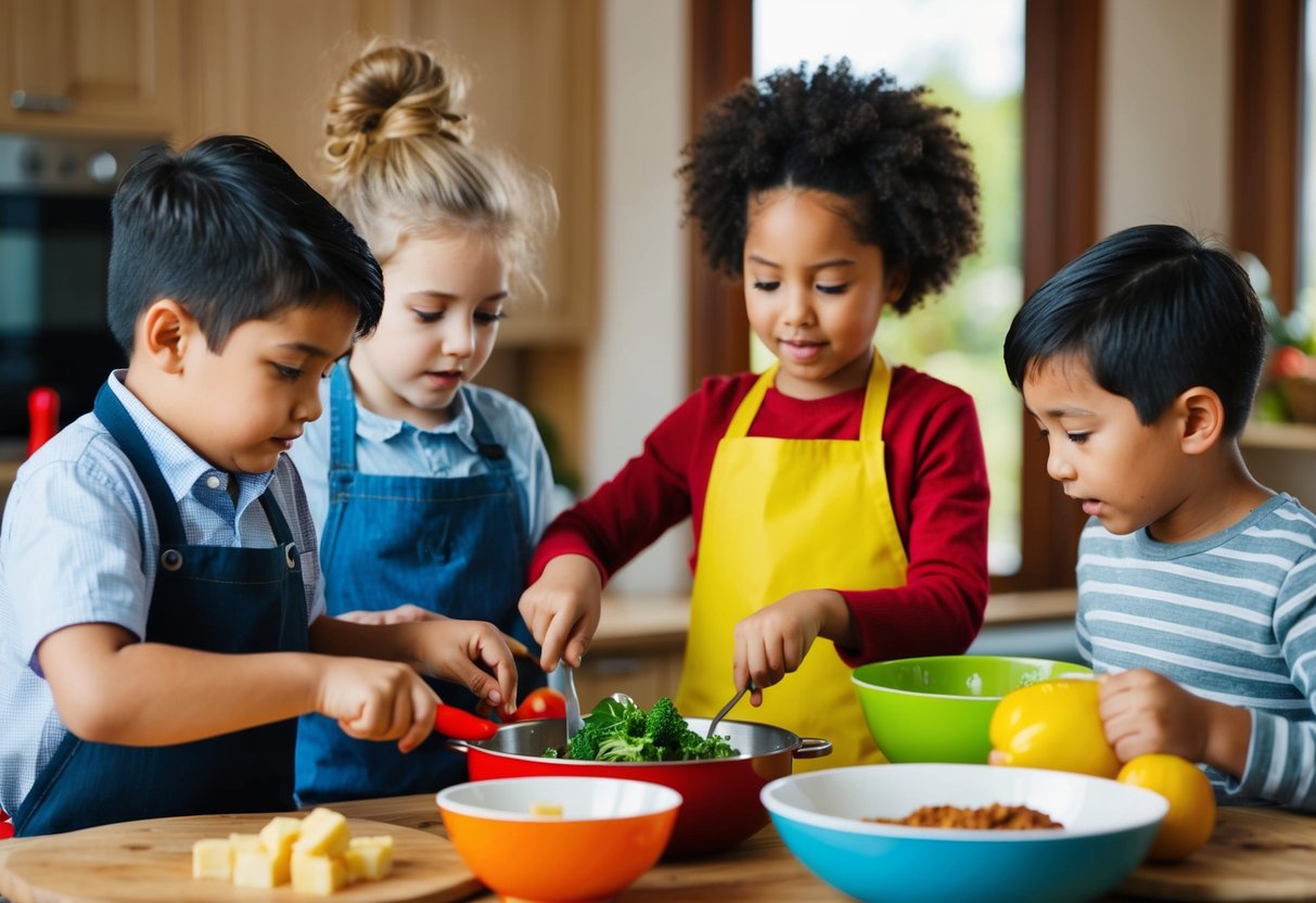 Children cooking together, facing challenges like sharing ingredients and coordinating tasks