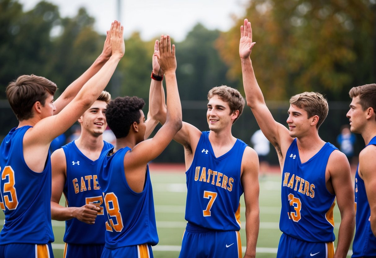 A group of young athletes high-fiving and congratulating each other after a game, showing respect and good sportsmanship