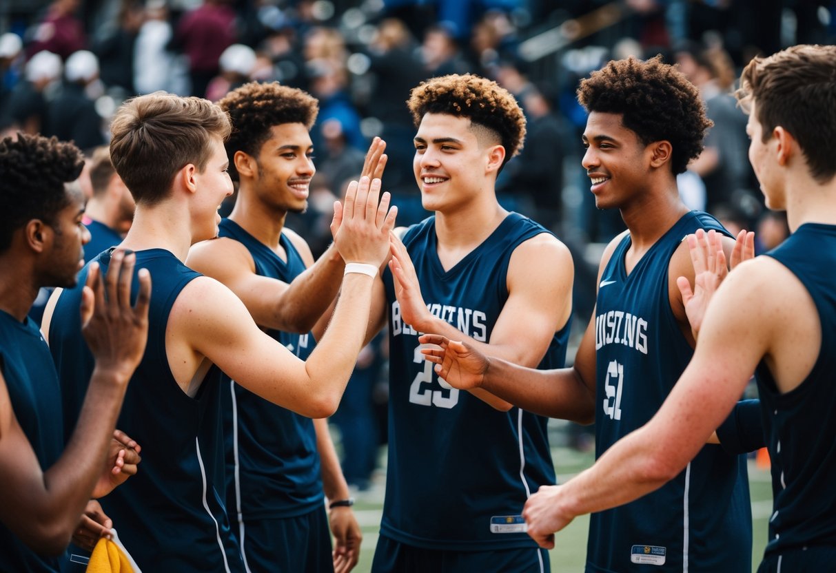 A group of diverse young athletes high-fiving and cheering each other on after a game, showing respect and sportsmanship